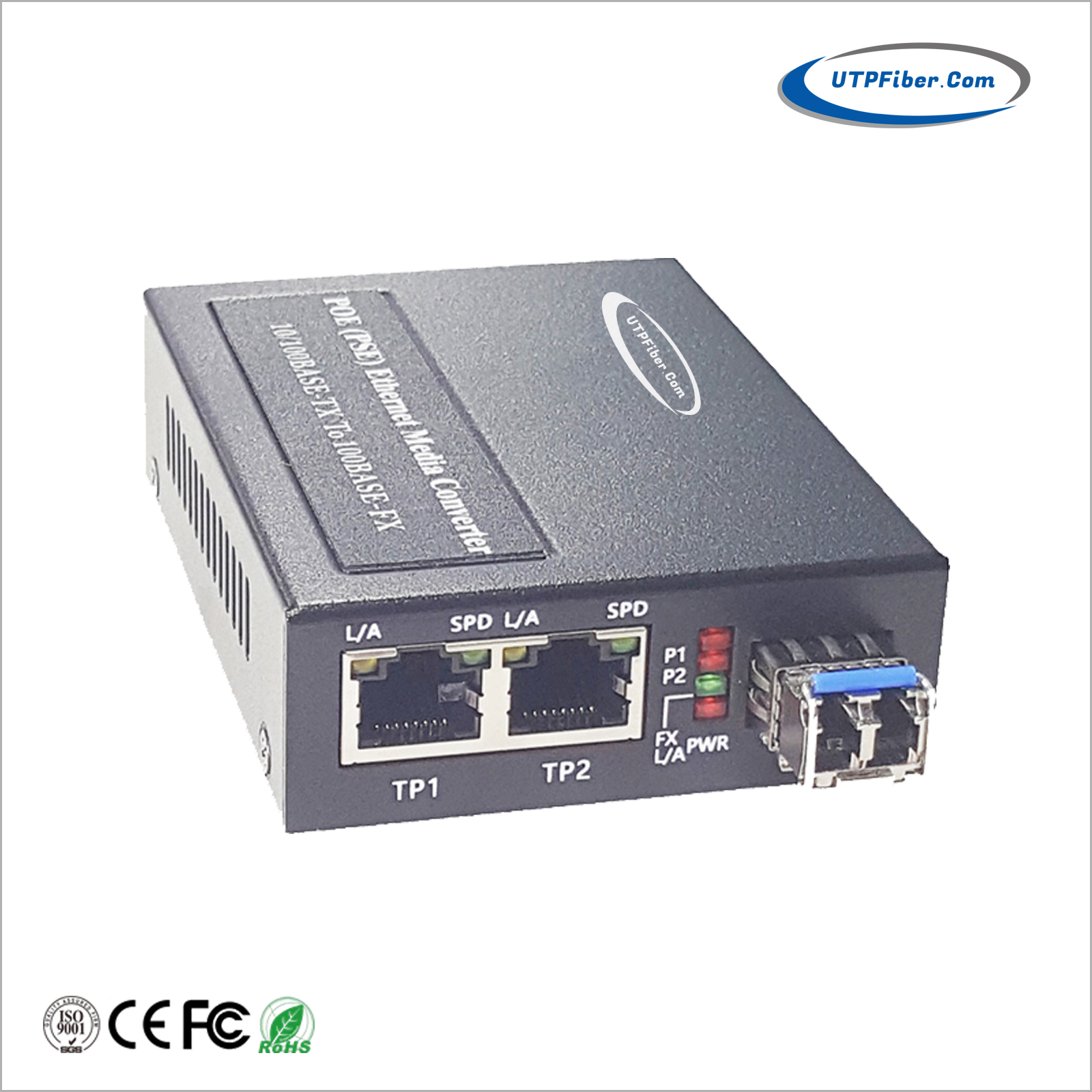 1-port 100Base-FX SFP to 2-port 10/100Base-TX 802.3at PoE+ Media Converter
