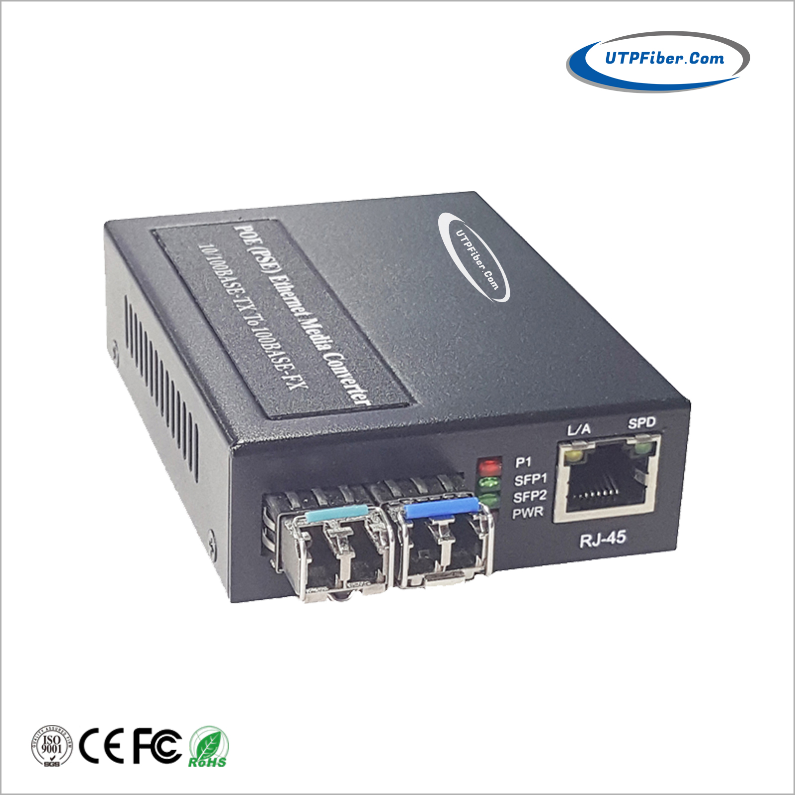 2-port 100Base-FX SFP to 1-port 10/100Base-TX 802.3at PoE+ Media Converter