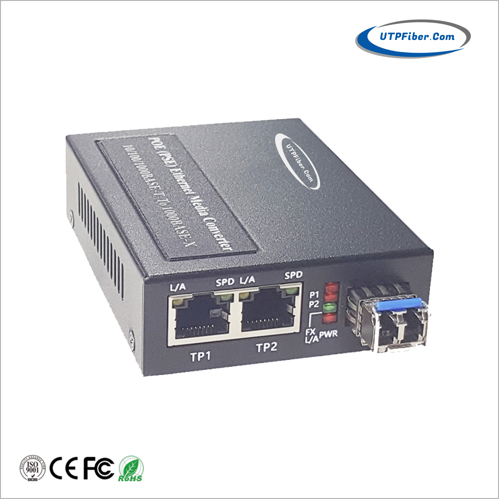 1-port 1000BASE-X SFP to 2-port 10/100/1000BASE-T 802.3at PoE+ Media Converter