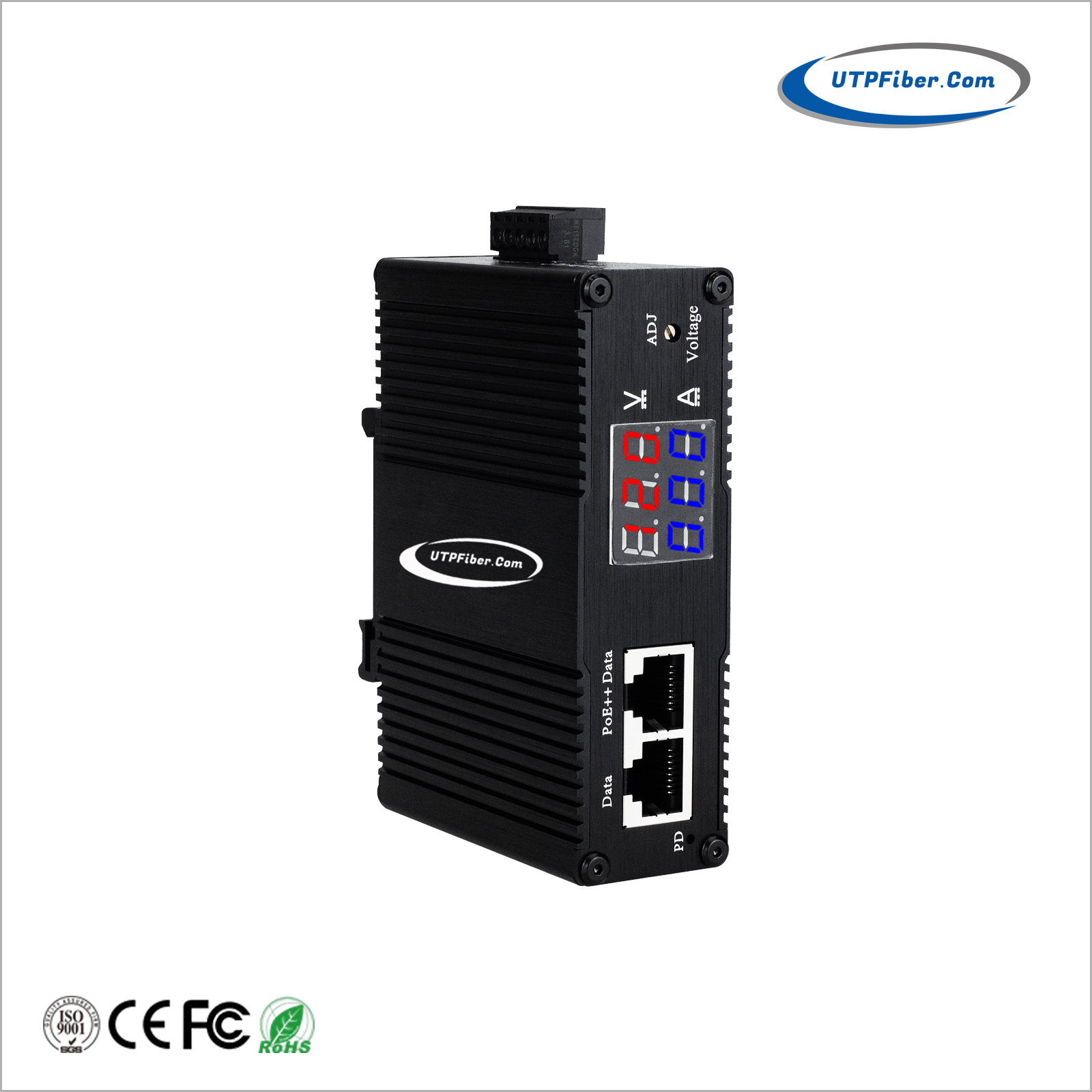 Industrial 802.3at Gigabit PoE+ Splitter with Adjustable Output Voltage 3.3-36VDC and LED Display