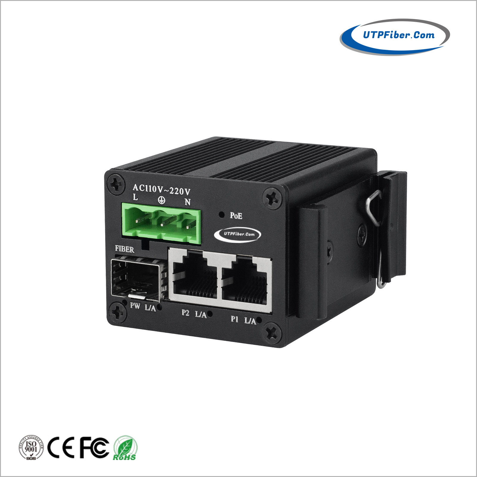 Mini Industrial 2-Port PoE+ 1-Port SFP Gigabit Media Converter with 85-250VAC Power Input