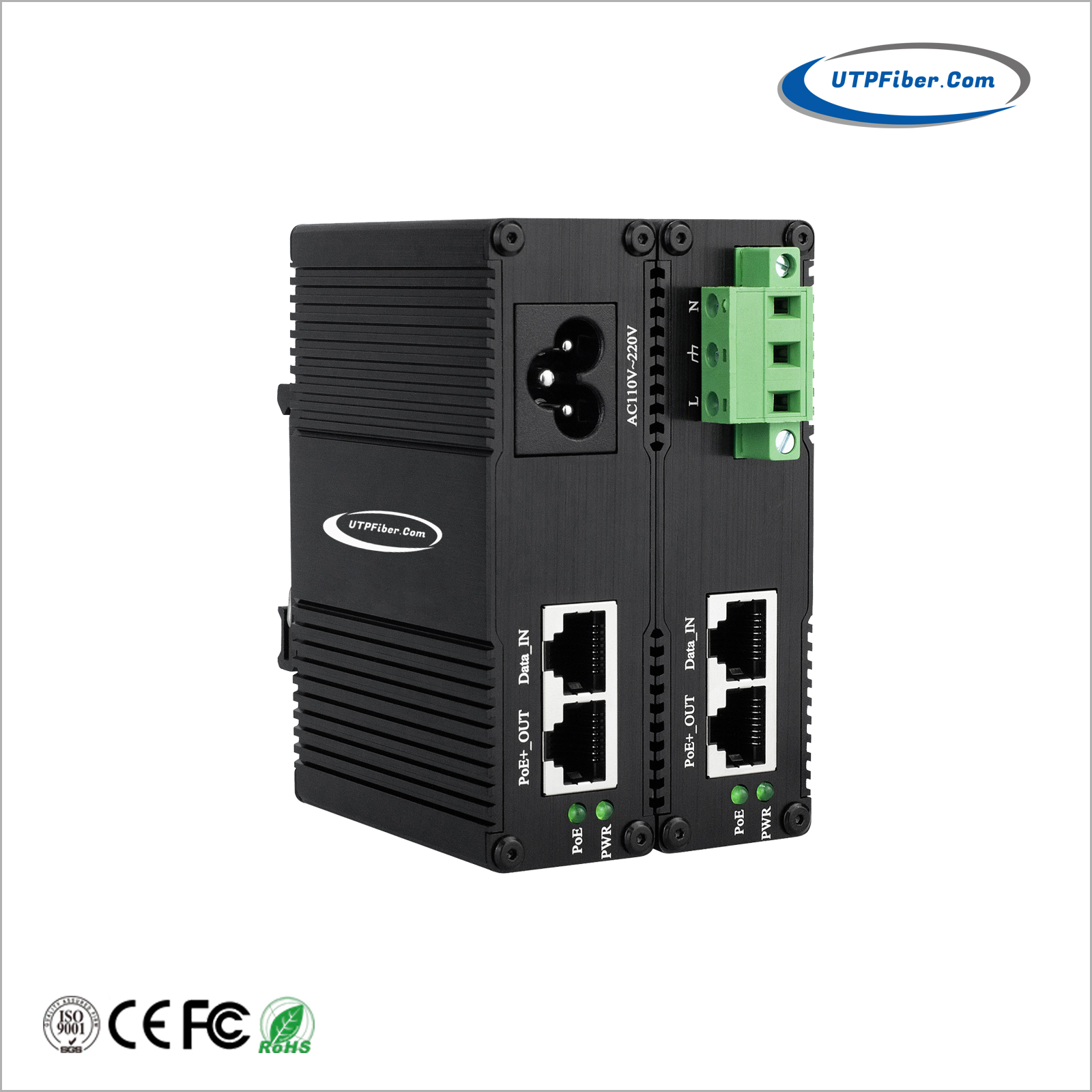 DIN-Rail Industrial Gigabit 802.3at 30W PoE+ Injector with 90-240VAC Power Input