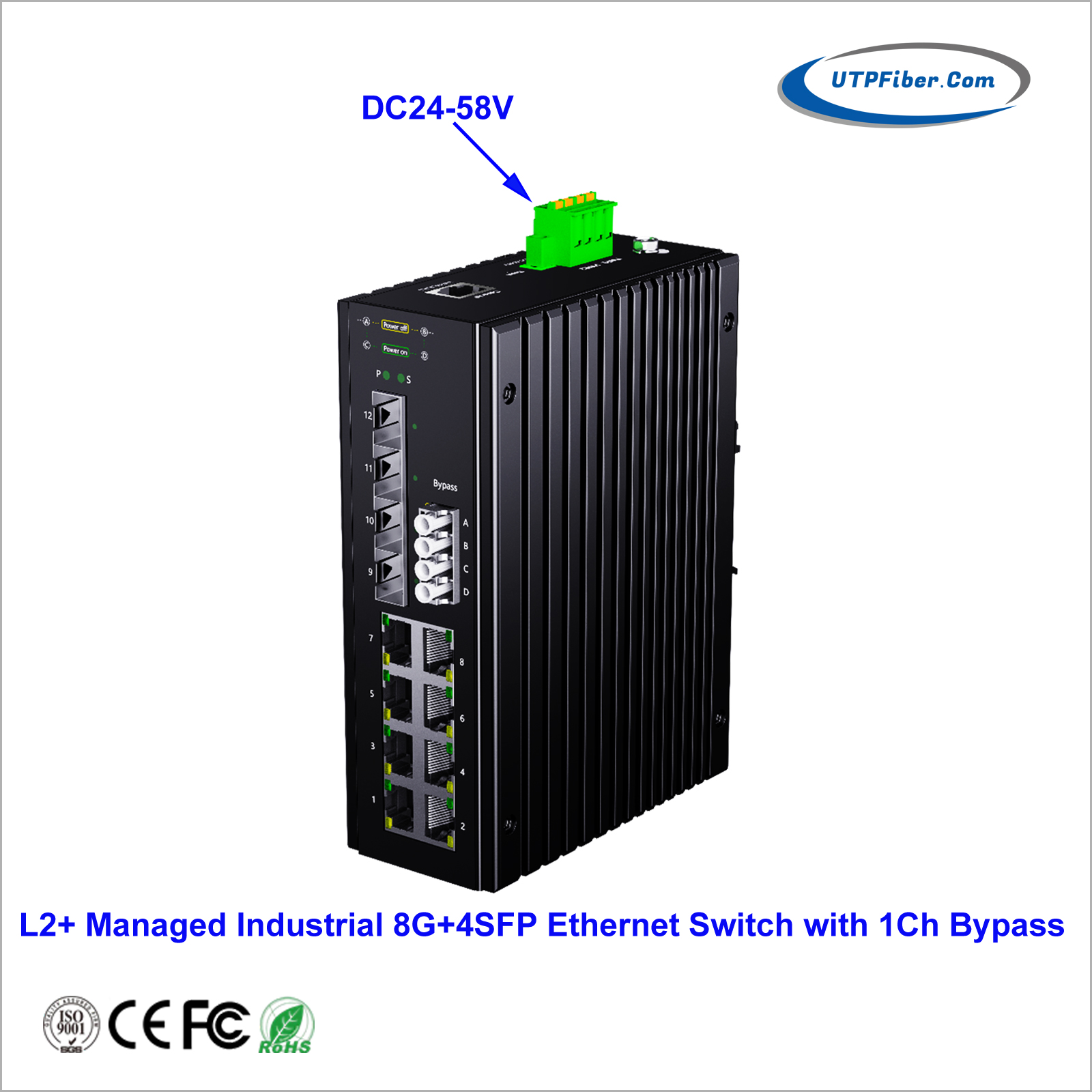 L2+ Managed Industrial 8-Port 1000T + 4-Port 1G/2.5G SFP Ethernet Switch with 1Ch Fiber Bypass