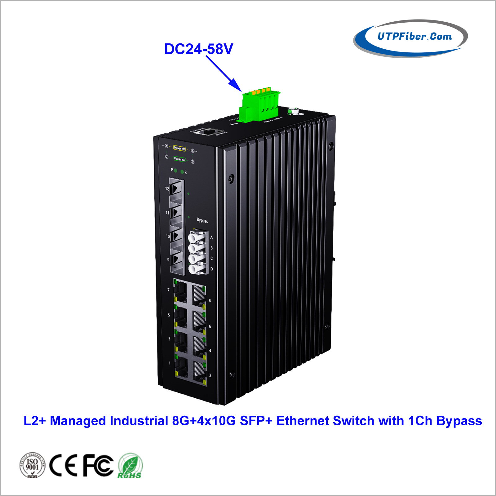 L2+ Managed Industrial 8-Port 1000T + 4-Port 1G/2.5G/10G SFP+ Ethernet Switch with 1Ch Fiber Bypass
