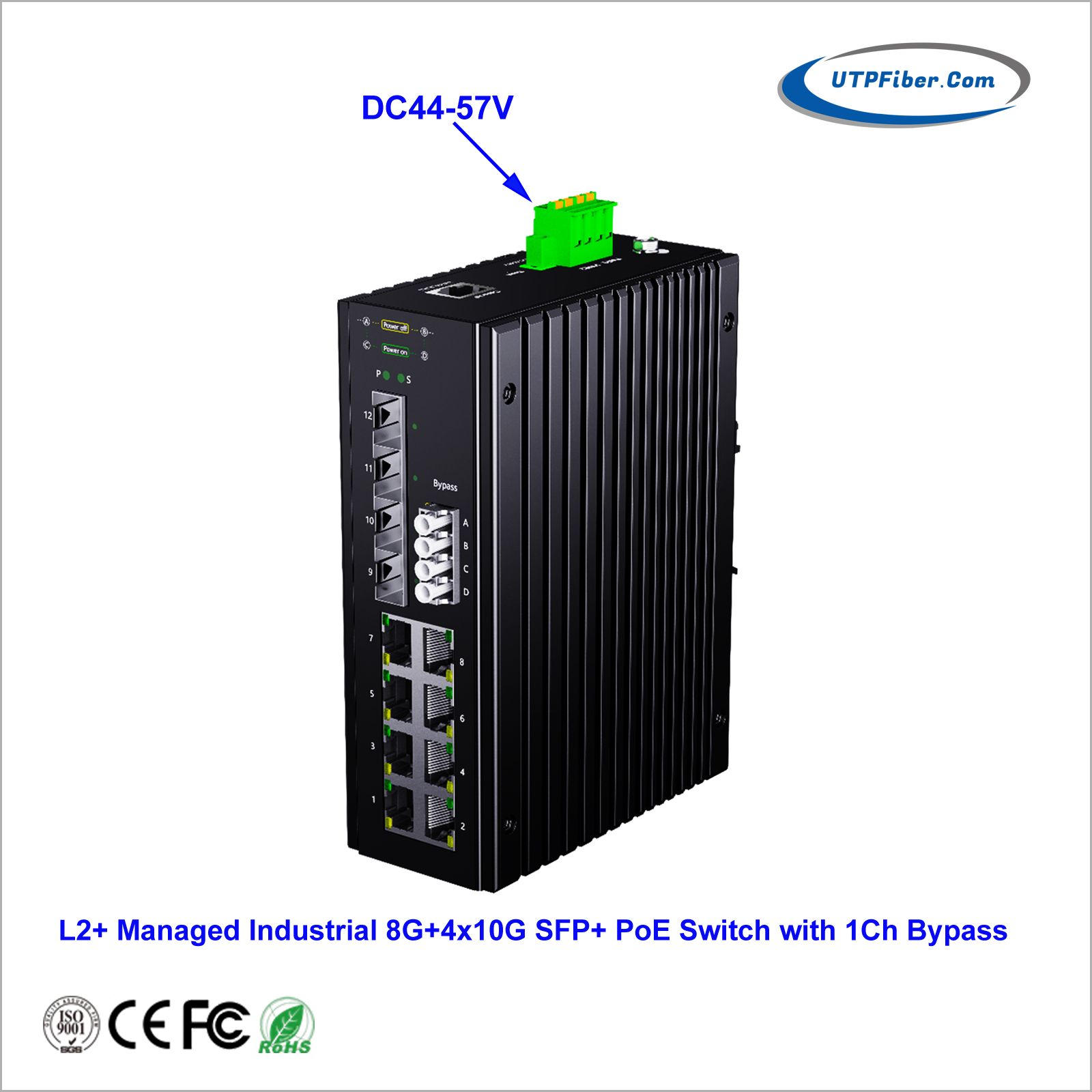 L2+ Managed Industrial 8-Port 1000T 802.3at PoE + 4-Port 10G SFP+ Switch with 1Ch Fiber Bypass