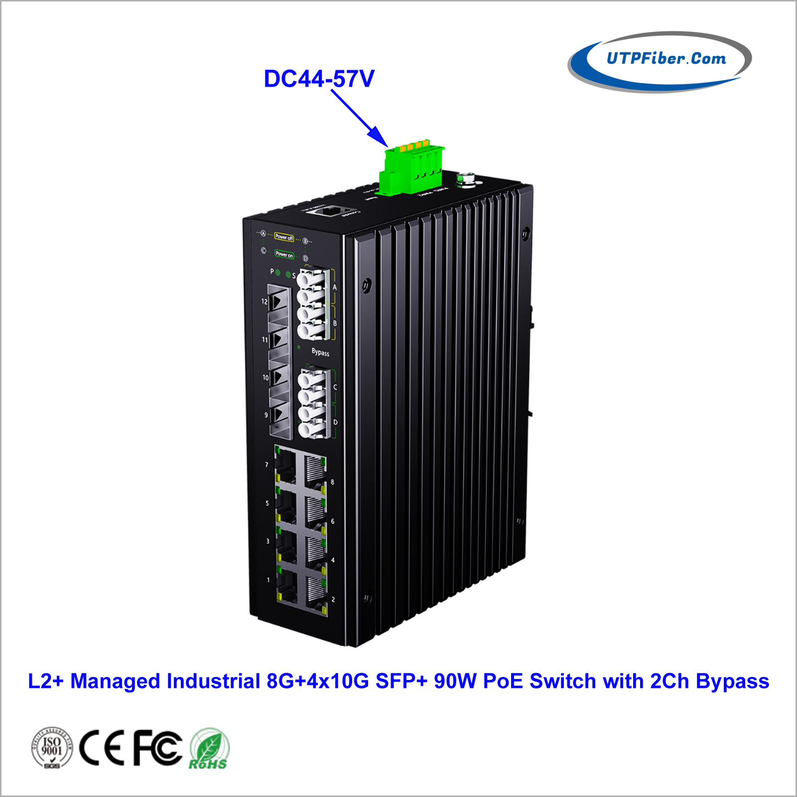 L2+ Managed Industrial 8*10/100/1000Base-T + 4*1G/2.5G/10GBase-X SFP + 2*Bypass PoE++ Switch