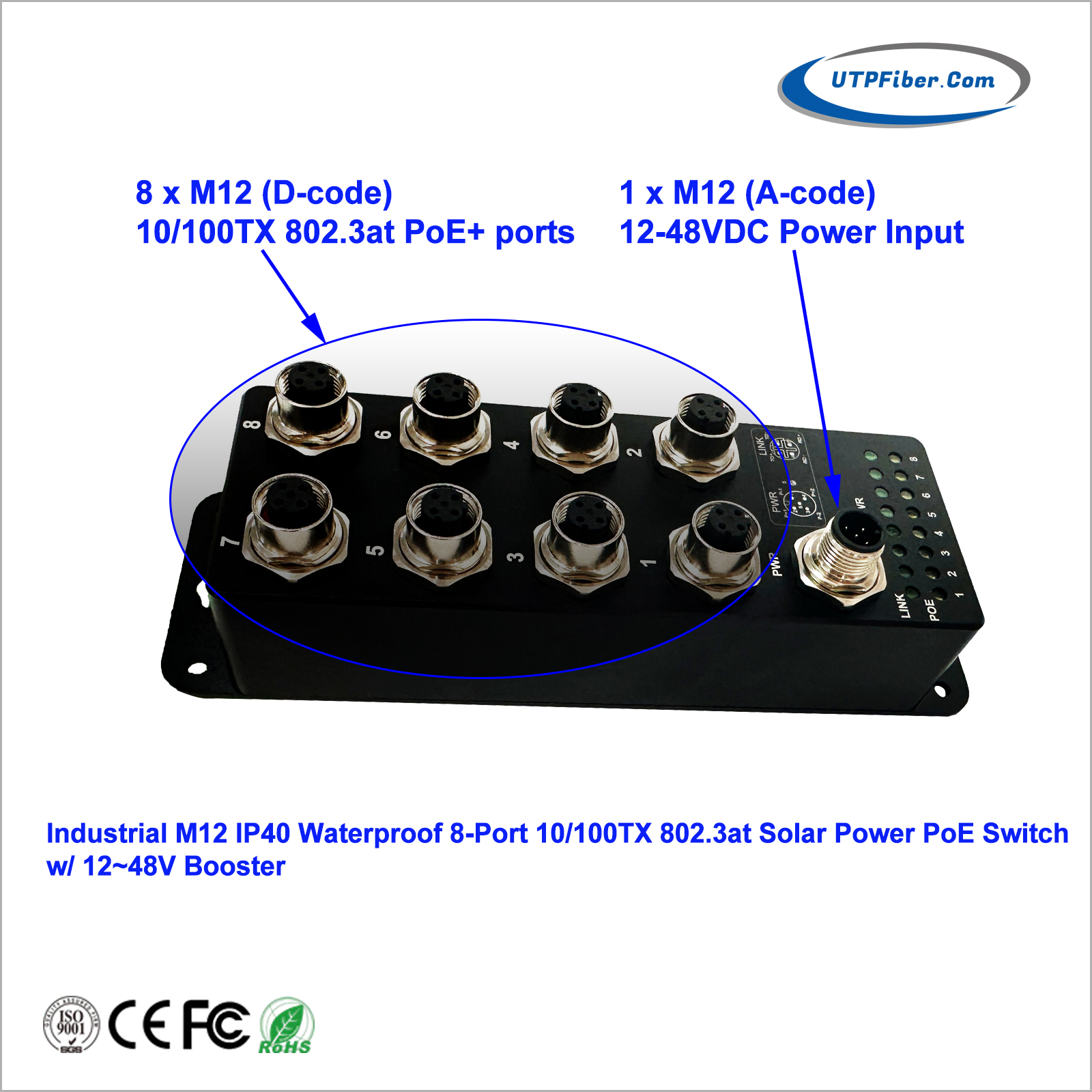 Industrial M12 8-Port 10/100TX 802.3at Solar Power PoE Switch w/ 12~48V Booster