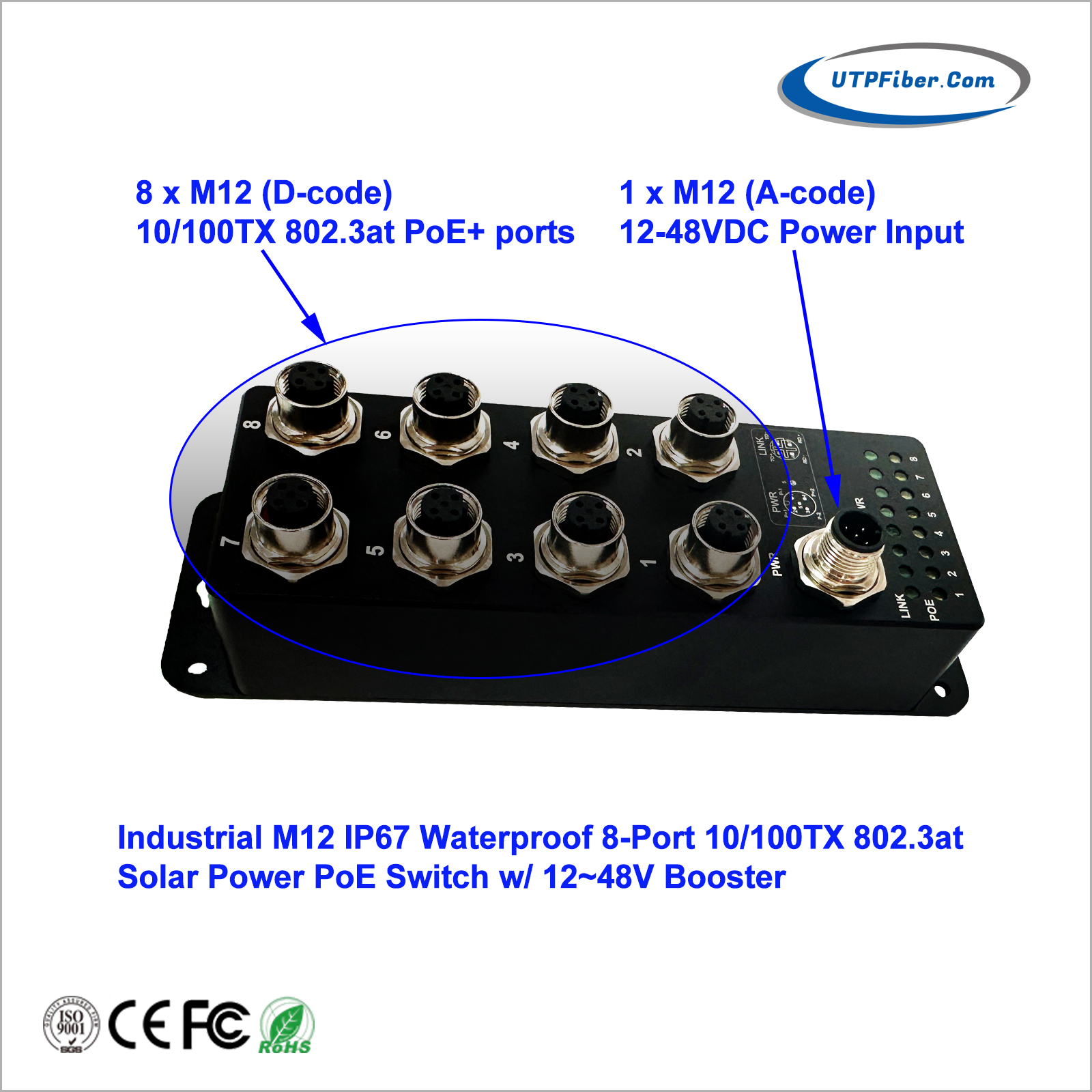 Industrial M12 IP67 Waterproof 8-Port 10/100TX 802.3at Solar Power PoE Switch w/ 12~48V Booster