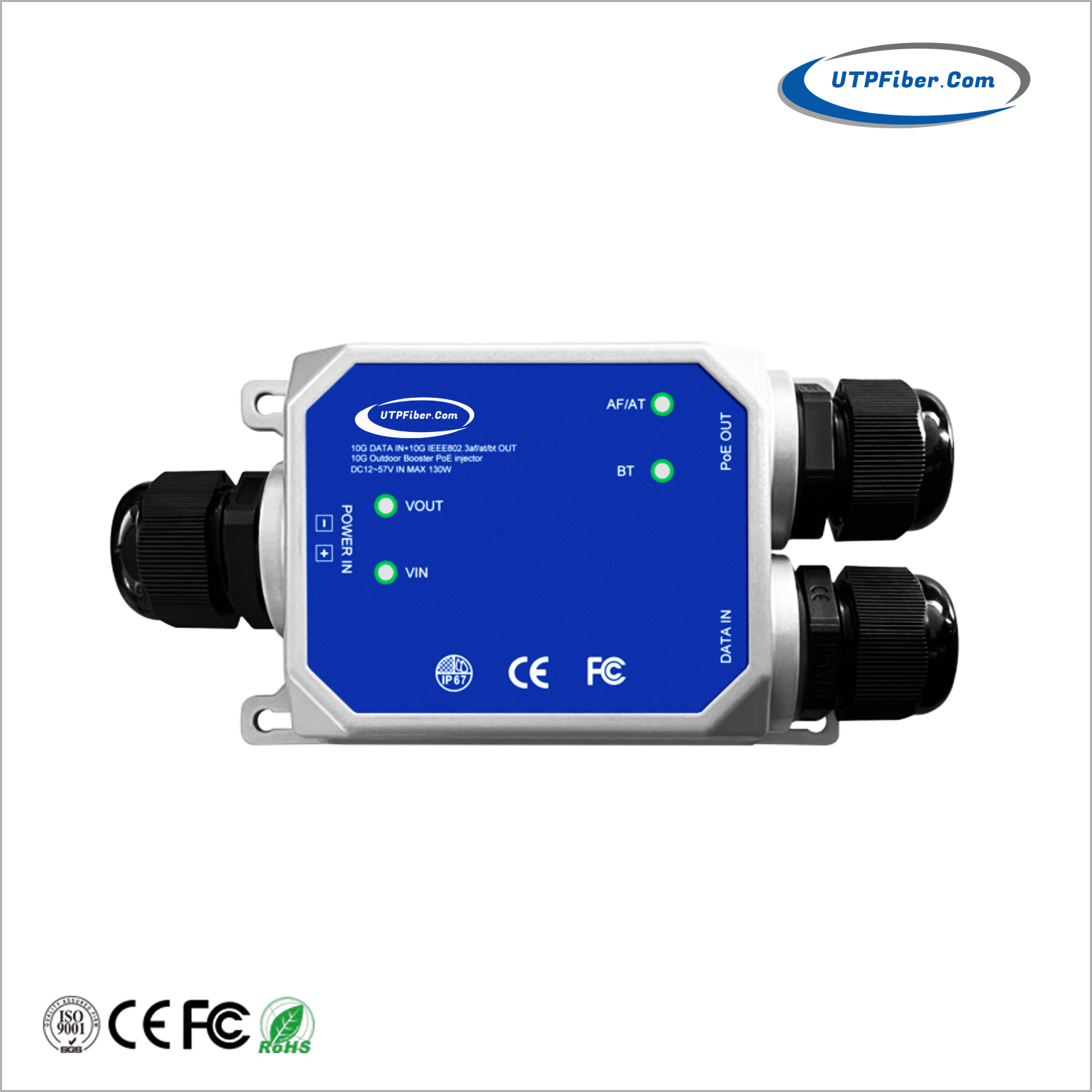 Industrial IP67 Waterproof 10G 802.3bt 90W PoE++ Injector with 12-57VDC Power Input