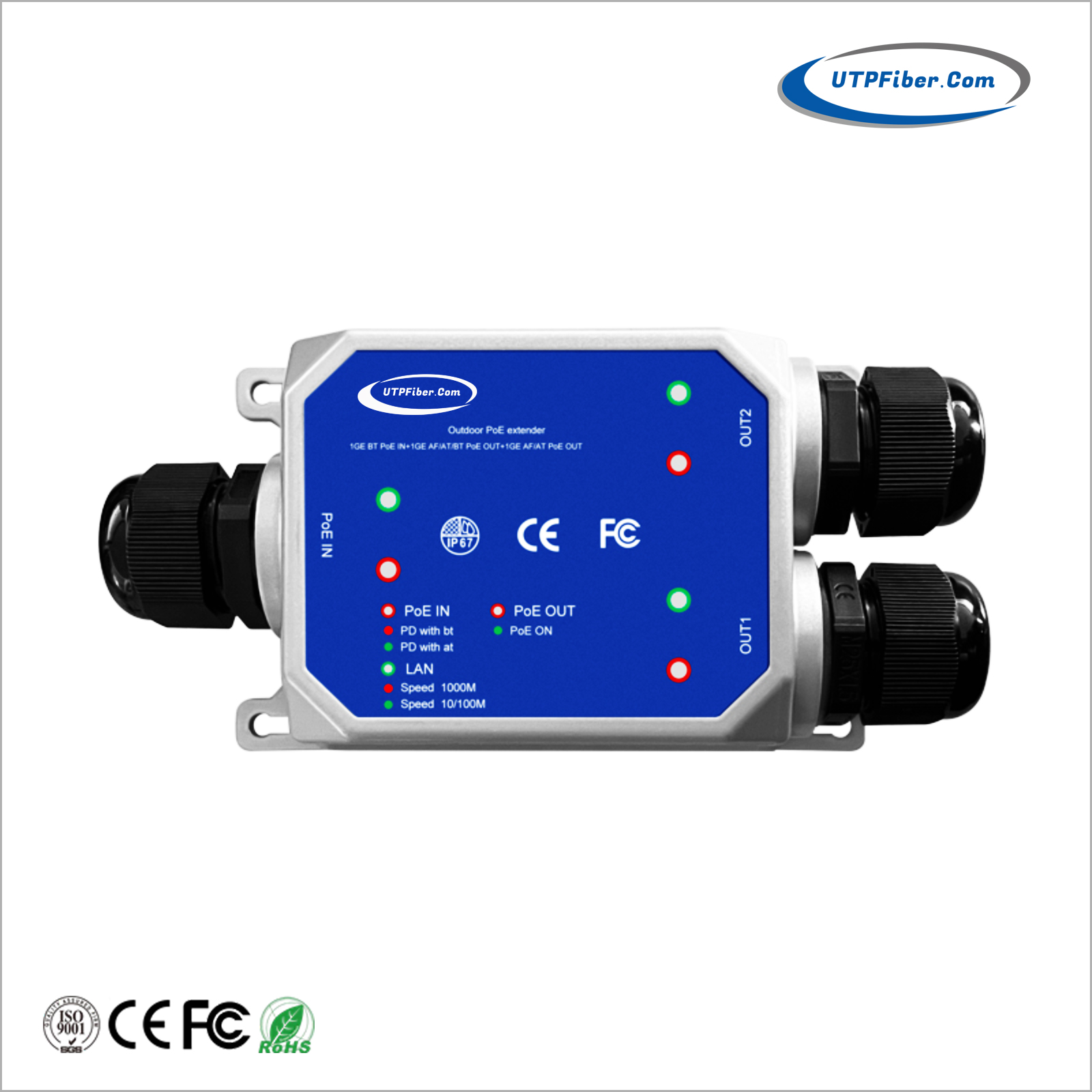 Industrial IP67 Waterproof 1-Port 120W 802.3bt PoE++ to 2-Port 802.3at/bt PoE++ Extender