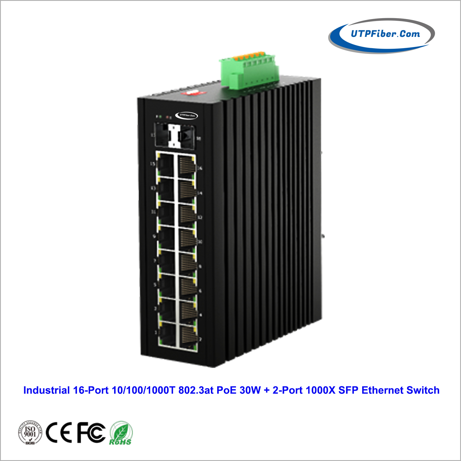Unmanaged Industrial 16-Port 10/100/1000T 802.3at PoE 30W + 2-Port 1000X SFP Ethernet Switch