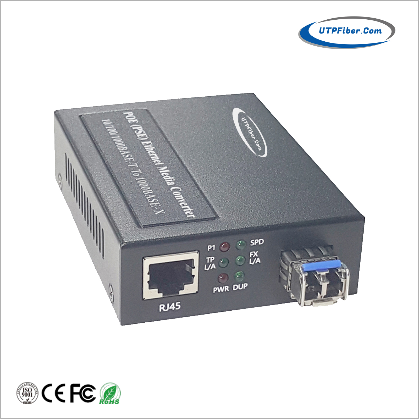 1000BASE-X SFP to 10/100/1000BASE-T PoE+ Media Converter