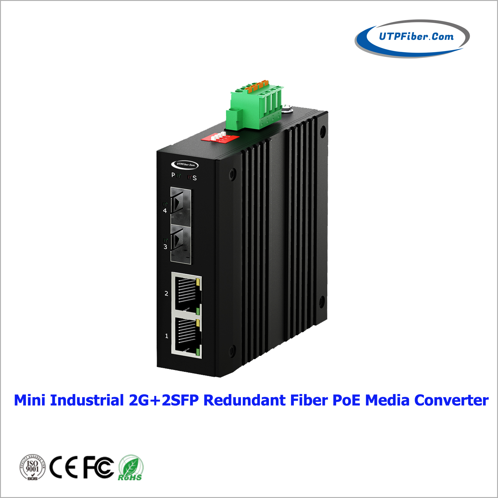 Mini Industrial 1-port 10/100/1000T + 2-port 100/1000X SFP Redundant Fiber PoE Media Converter