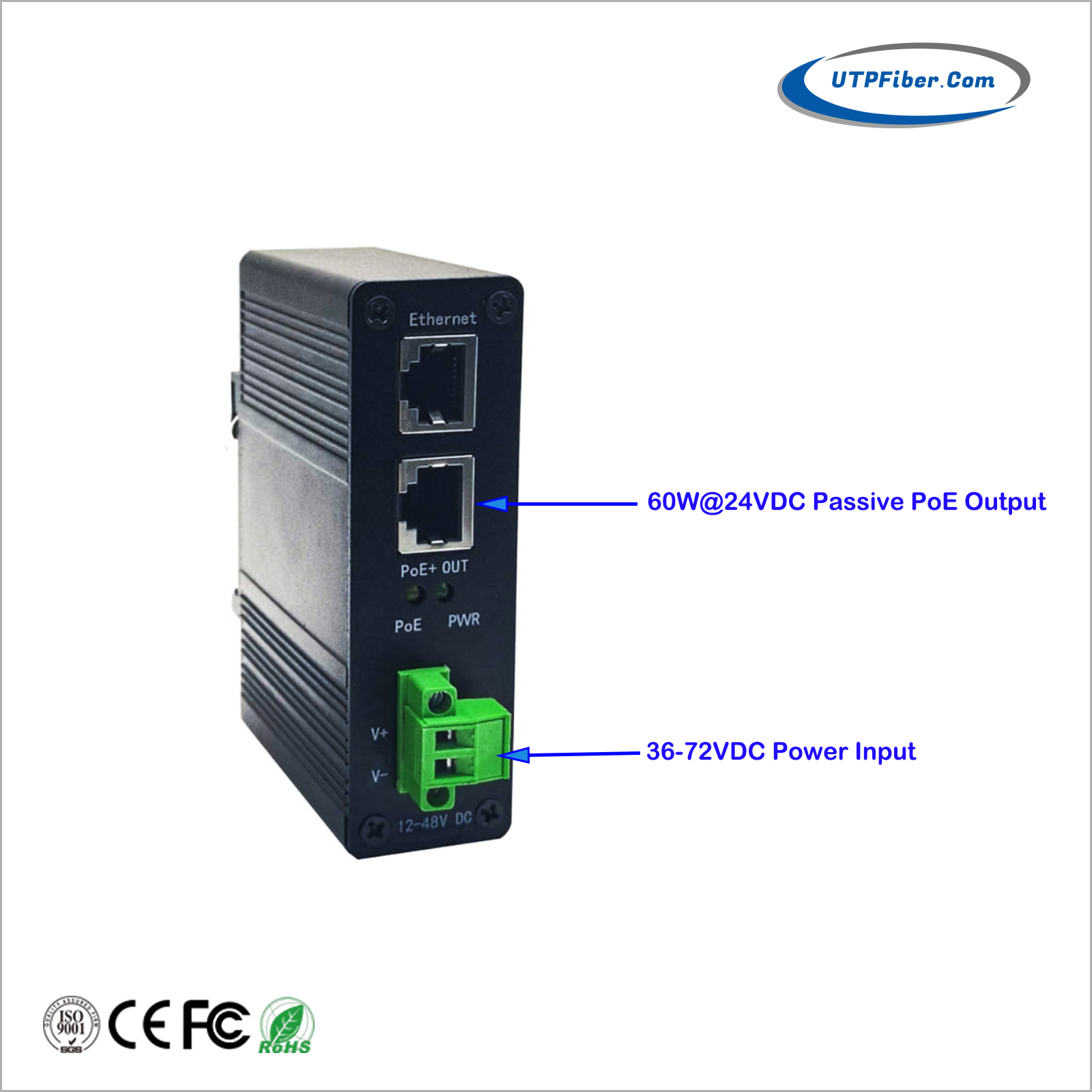 DIN-Rail Industrial Gigabit 24VDC Passive 60W PoE Injector w/ 36-72VDC Input