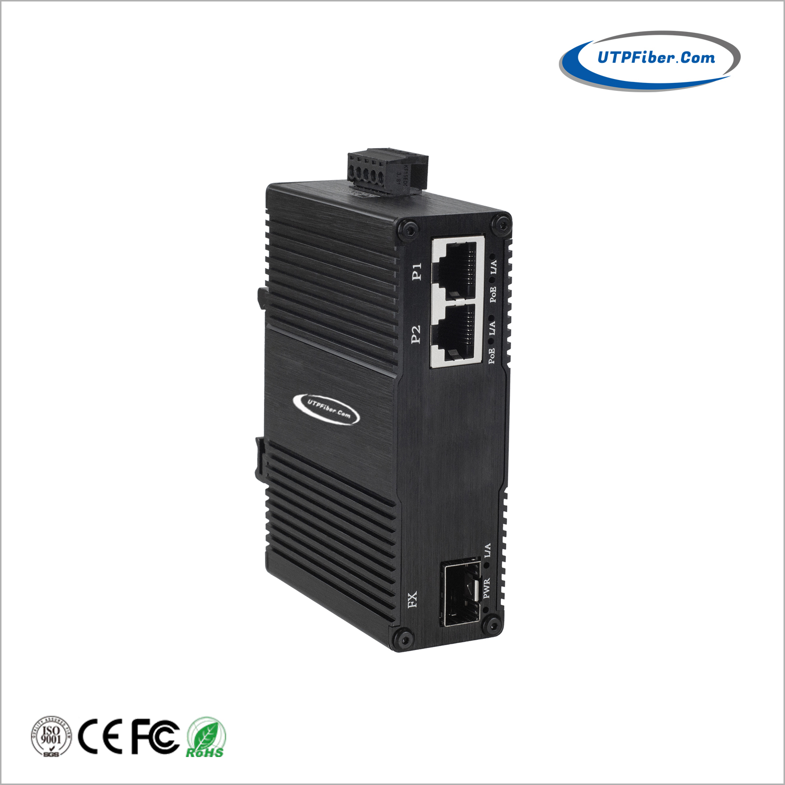 Mini Industrial 1-Port 100/1000X SFP to 2-Port 10/100/1000T 60W 802.3bt PoE++ Media Converter