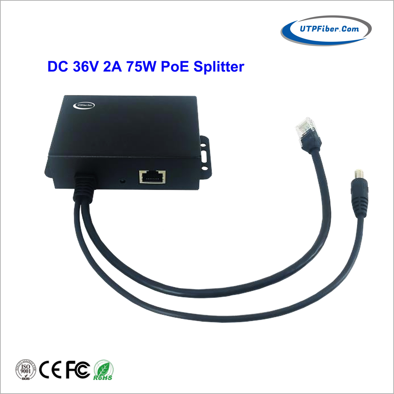 10/100/1000Mbps 802.3bt PoE++ to 36V 2A Splitter with 75W Output