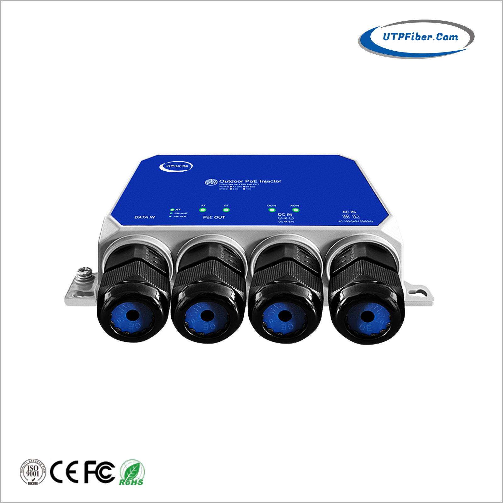 AC+DC Powered Industrial Gigabit IP67 Waterproof 30W 802.3at PoE+ Injector