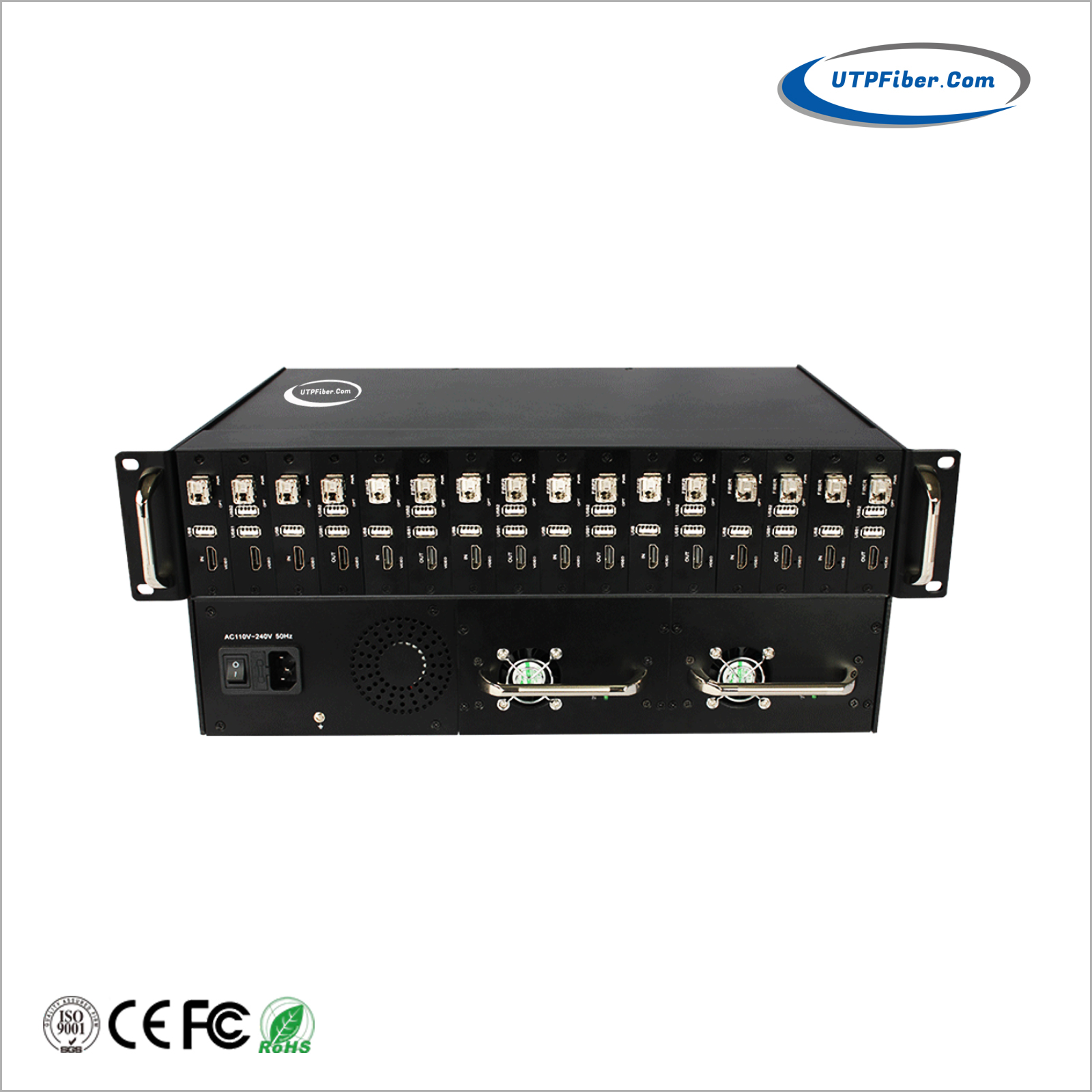 19-Inch 2U 16-Slot Centralized Fiber Optic Converter Rack with Dual AC 220V Power Modules