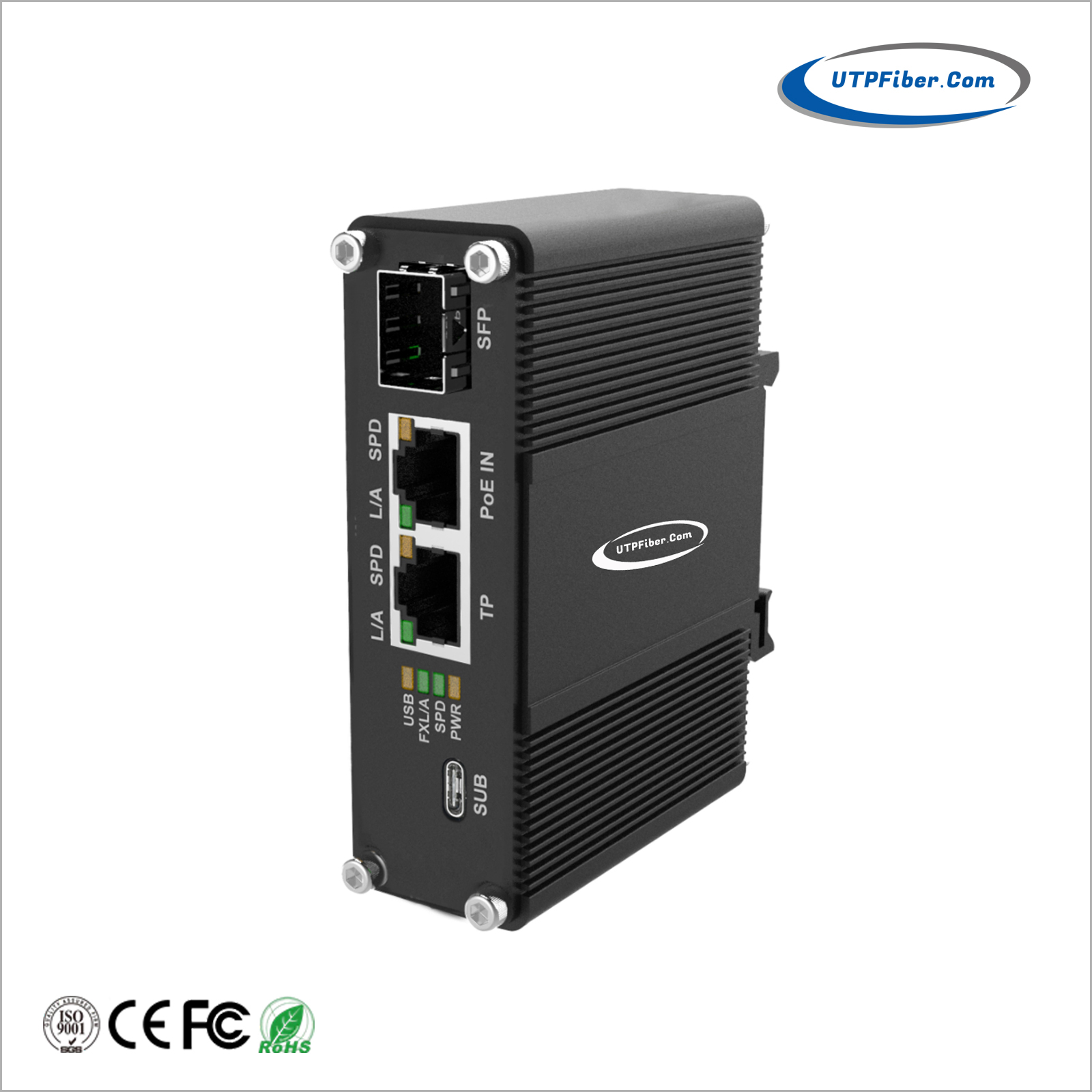 Mini Industrial PoE-Powered Gigabit SFP Media Converter with 60W USB-C PD Output