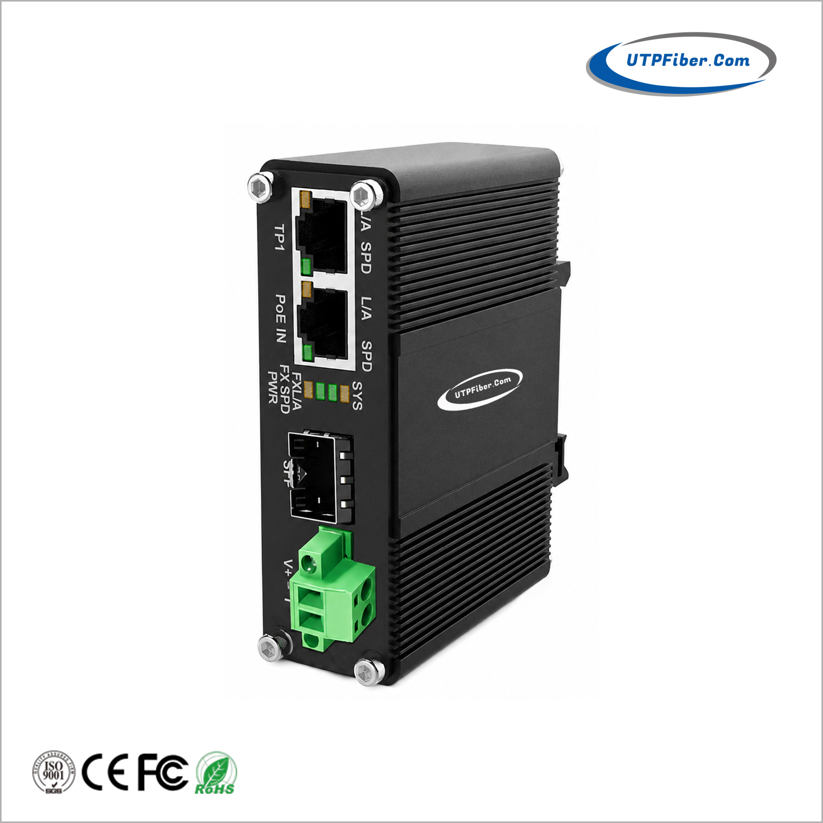Mini Industrial 802.3at PoE-Powered Media Converter 1 SFP to 2 RJ45 with DC 5V/9V/12V/19V Splitter