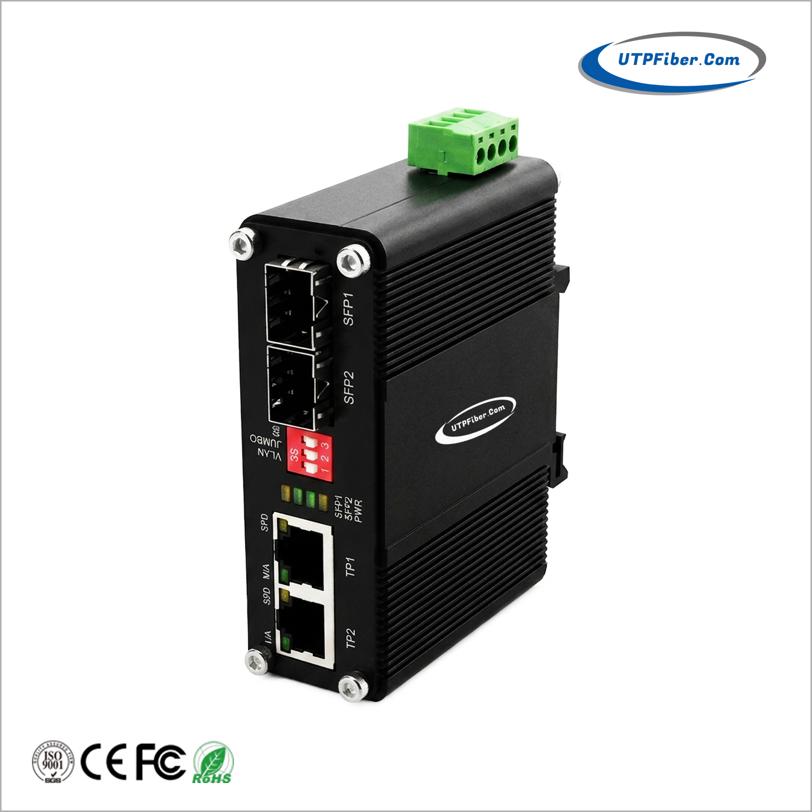Mini Industrial PoE-Powered 2G+2SFP Media Converter with DC 5V/9V/12V/19V Splitter Output