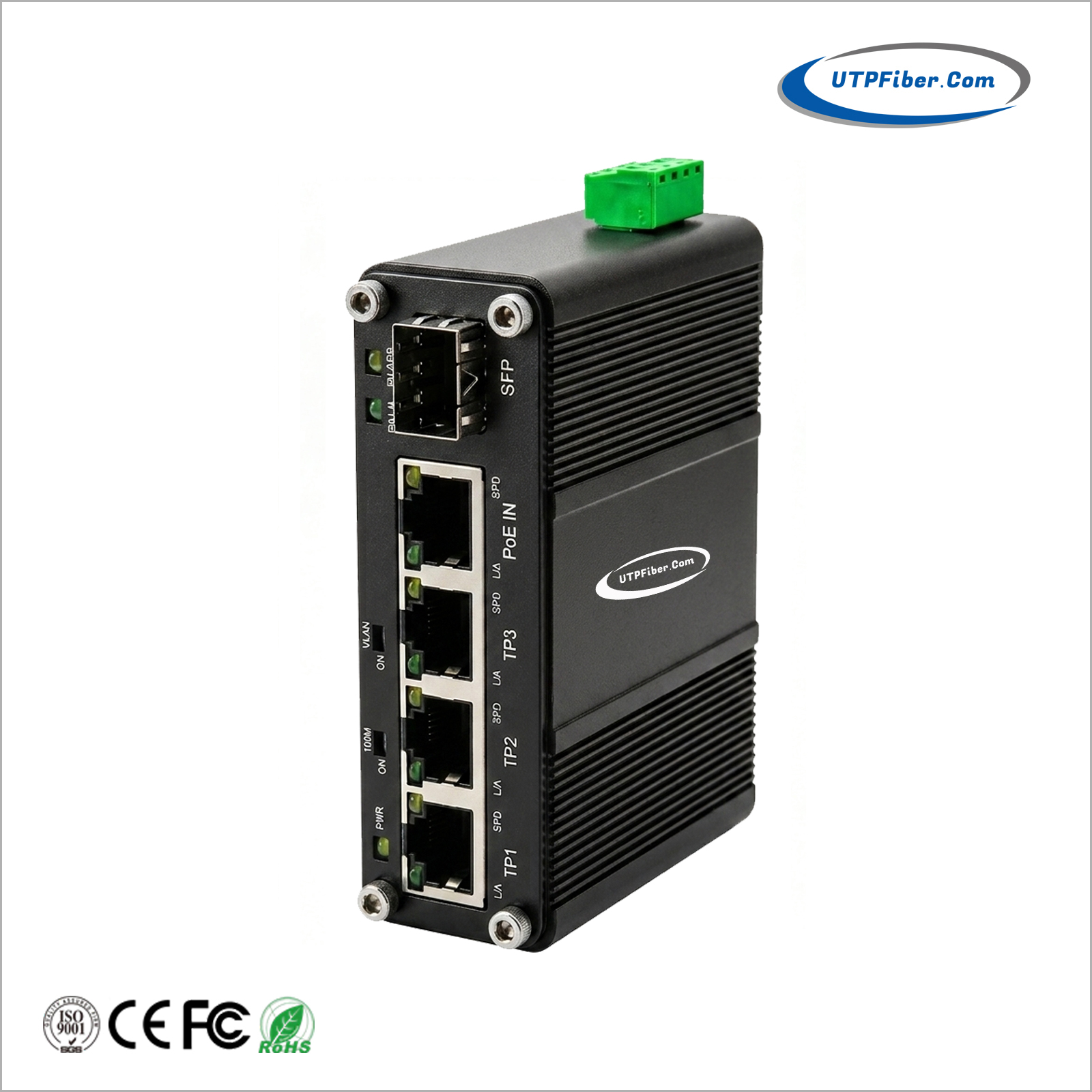 Mini Industrial 802.3at PoE-Powered 4G+1SFP Media Converter with DC 5V/9V/12V/19V Splitter