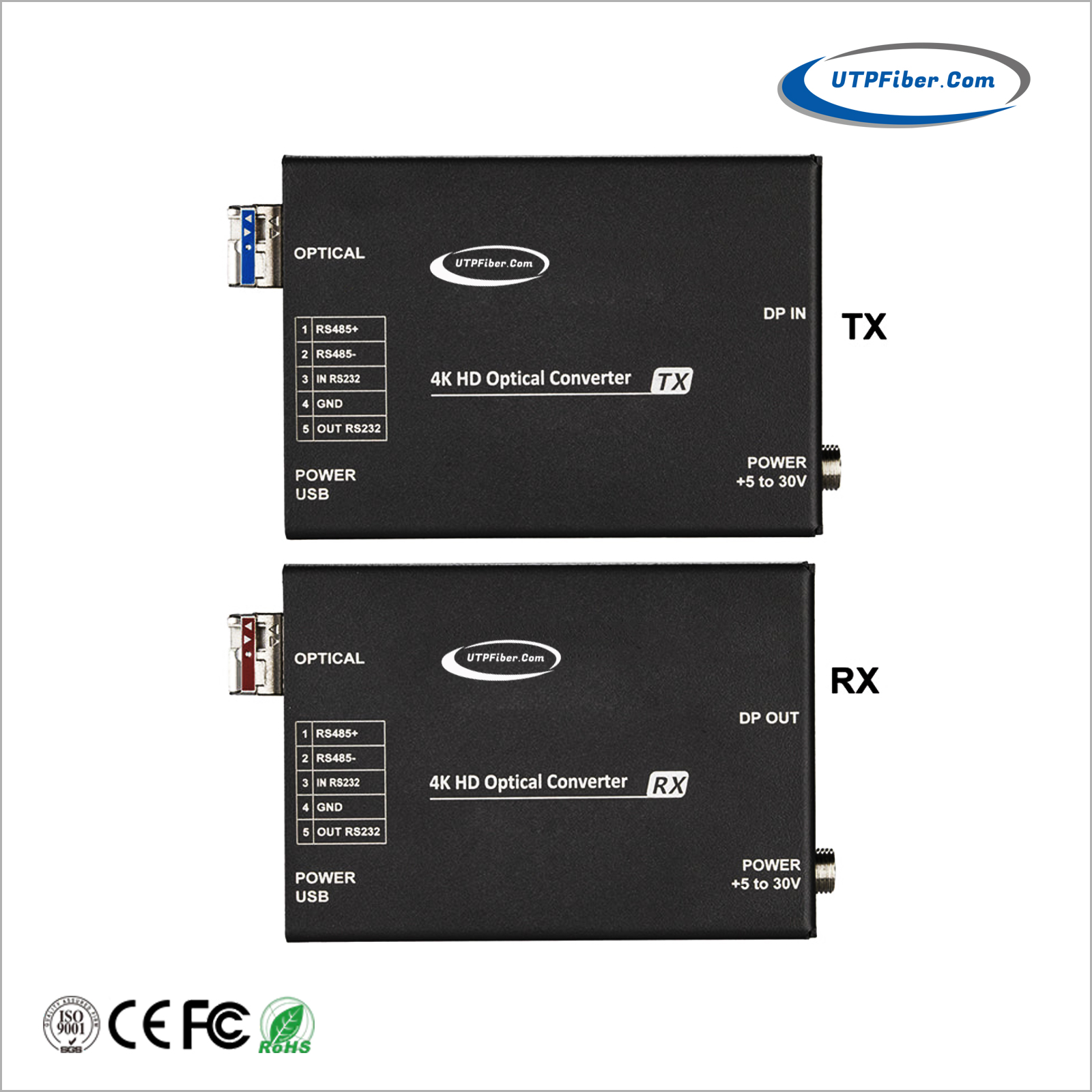 4K60Hz DisplayPort Fiber Extender with Bi-Di RS232 & RS485